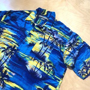 Ocean Current Men’s Hawaiian Shirt Blue & Yellow Size L Palm Tree Print